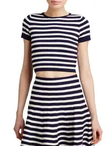 Lucy Paris Viscose Soft Striped Knitwear Crop Top & Flare Skirt Set Navy White S