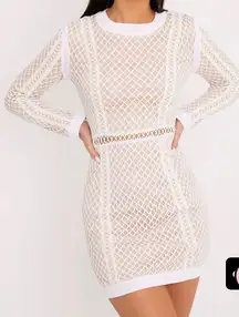 NWT Prettylittlething Thea White Fishnet Panel Bodycon Dress size 12