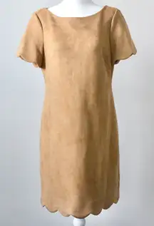 Anne Klein Caramel Brown Faux Suede Scalloped Short-Sleeve Midi Dress Medium