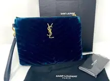 Saint Laurent Blue Chevron Velvet Monogram Zip Pouch