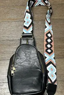 Unbranded‎ Black Vegan Leather Sling Bag Embroidered Strap