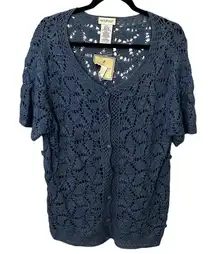 White Stag Vintage Blue Crochet Cardigani Sweater Size Large 12 / 14 Granny Knit