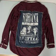 Nirvana Red Plaid ‘’ ‘Suicidal Tendencies’ ‘Johnny Rotten: Sex Pistols’ Grunge Punk Rock Band Patches Spiked Studded Long Sleeve Flannel Shirt Top Blouse Size M ♥️🖤