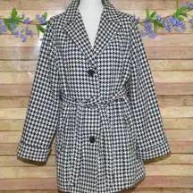 Jou Jou Womens 1X Belted Houndstooth Black & White Pea Coat Jacket Warm Stylish