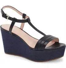 Kate Spade Tallin Vacchetta Platform Wedge Sandals Size 10 Navy Black