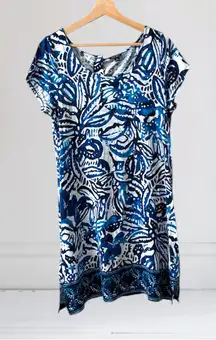 Lucky Brand Floral Leaf Print Cotton Dress Size M Knee Length Short Sleeve Blue