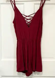 Free People Hand Made Burgundy Romper  Crisscross V-neck Boho Flowy Coquette