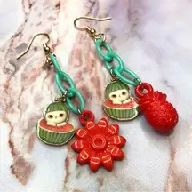 Handmade Plastic Chain Watermelon Cat Retro Red Charms Earrings