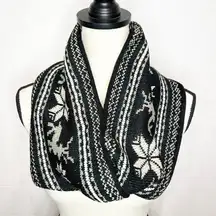 Black Winter Infinity Scarf Reindeer Snowflakes Cable Knit