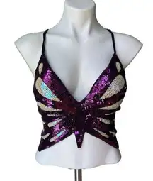 Sequin Butterfly Halter Crop Top, One Size