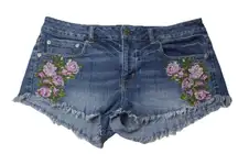 American Eagle stretch Pink Rose Floral Embroidered Cut Off Denim Shorts Size 12