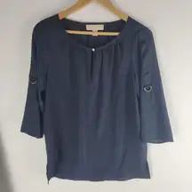 Michael Kors Blouse Tie Sleeves Ring Buckles 3/4 Sleeve Blue Size S
