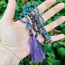 Spiritual Mystery Gemstone Mala Necklace Labradorite and Mermaid Glass