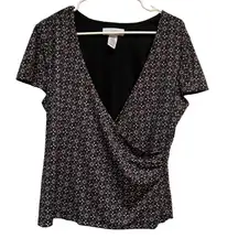 Sag Harbor Faux Wrap Blouse Surplice Neck Black Pink Floral L