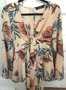 Floral Romper With Bell Front Tie Bell Sleeve