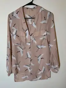 Zara‎ Basic Pink Crane Print Button Down Shirt Blouse Long Sleeve XS