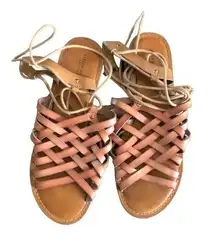 Leather Lace Up Flat Sandal Sz. 9 Brown Festival Strappy Boho