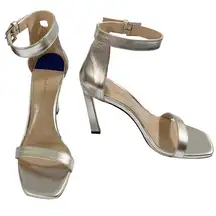 Stuart Weitzman silver square high heel textured leather sandals size 9