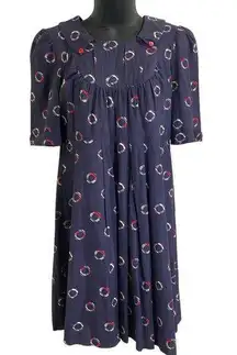 Navy pleated panel librarian sailor print midi button collar cuffed short sleeve