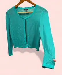 Cute minty green aqua scalloped hem pointelle knit sweater single hook sheer