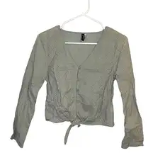 Women’s H&M Green Long Sleeve Cropped Tie Front Eyelet Top fall casual spring