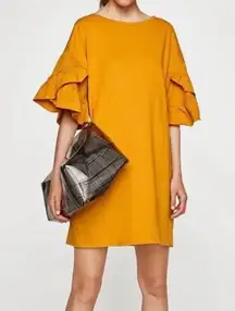 ZARA  Yellow Gold Ruffle Sleeve T-Shirt Shift Mini Dress