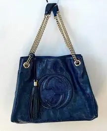 GUCCI Navy blue patent leather SOHO double chain GG tote bag large Rare
