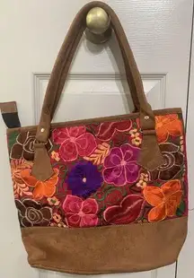 Beautiful Floral Embroidered Canvas Purse Tote Bag Boho Peasant Hippie