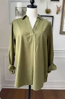Joan Rivers Ivy Moss Green Split Neck Collar Long Sleeve Popover Shirt S