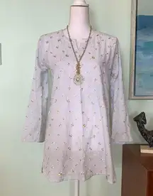 Pale Blue Embroidered Floral Bell Sleeve Semi Sheer Tunic S/M 30