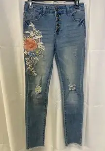 Love Couture Women's Blue Skinny Stretch Jeans With Floral Design S-9/10 SKU2565