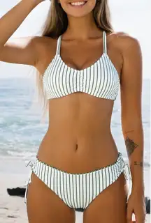 Cupshe Striped Green White Bikini Set Criss Cross Tie‎ String Swimsuit Summer S