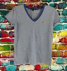 Ralph Lauren Blue White Stripe V-Neck Short Sleeve Tee Orange Pony Size Small