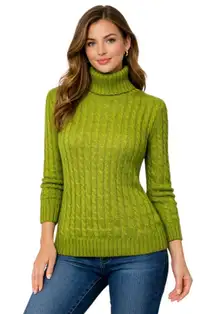 Talbots Lime Green Cable Knit Turtleneck Sweater Medium Preppy Wardrobe Staple