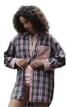 By Anthropologie Womens Boyfriend Button Down Plaid 100% Cotton Size S Oversized