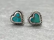 Sterling Silver & Turquoise Inlay Rope Twist Heart Shaped Stud Earrings