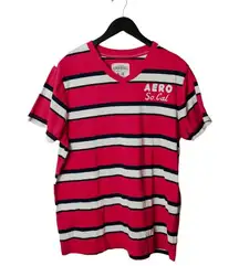 Aeropostale T Shirt Aero So Cal Patch Embroidered Tee Striped V-Neck Pink XL