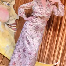 Vtg 60s 70s Maxi Hostess Dress Gown Pink Gold Floral Holiday Brocade Formal L