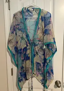 Nine West Floral Sheer Kimono with Teal Trim Swim Cover Up