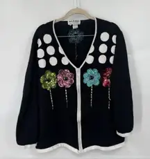 Jack B. Quick Floral Sequin Embroidered Zip Sweater Women XXL Black Retro Funky