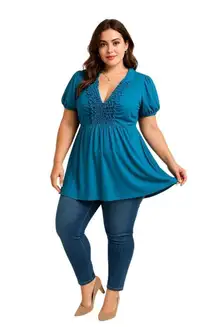 Heart & Soul Blue Ruffle Front Puff Sleeve Tunic Top 3X