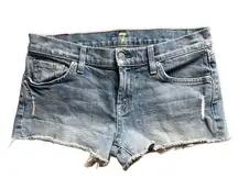 7 For All Mankind Y2K Vintage Low Rise Light Wash Distressed Denim Mini Shorts