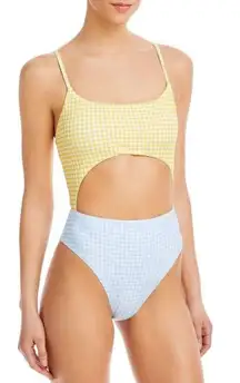 Aqua Pastel Checkered Cut Out One Piece Swimsuit