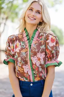 Entro ruffle blouse floral puff short sleeve neck mock pink thanksgiving top