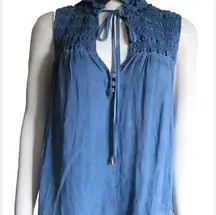 FREE PEOPLE Women's Sm Ruffle Me Up Smocked Tie Tank Drawstring Sleeveless Blue