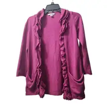 Garnet‎ Hill Ruffle Open Front Cardigan Sweater Pockets Raspberry Pink L