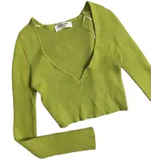 Double Zero Size M Long Sleeve Plunge Neck Crop Green‎ Pointelle Knit Rib Fitted