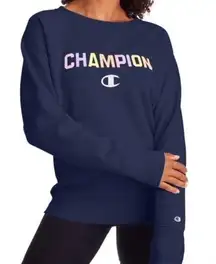 Champion Women's  Powerblend Fleece Classic Crew, Block Logo Athletic Navy Medium