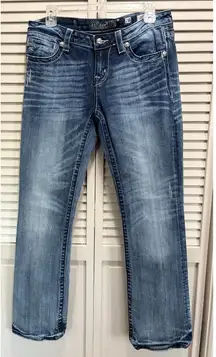 Miss Me Easy Boot Jeans Whiskering/Embroidered/Gem/Pearl Logo Size‎ 28 Low Rise