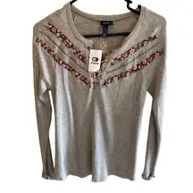 Daytrip Gray Long Sleeve Floral Thermal Henley Lightweight Stretchy Top size XS